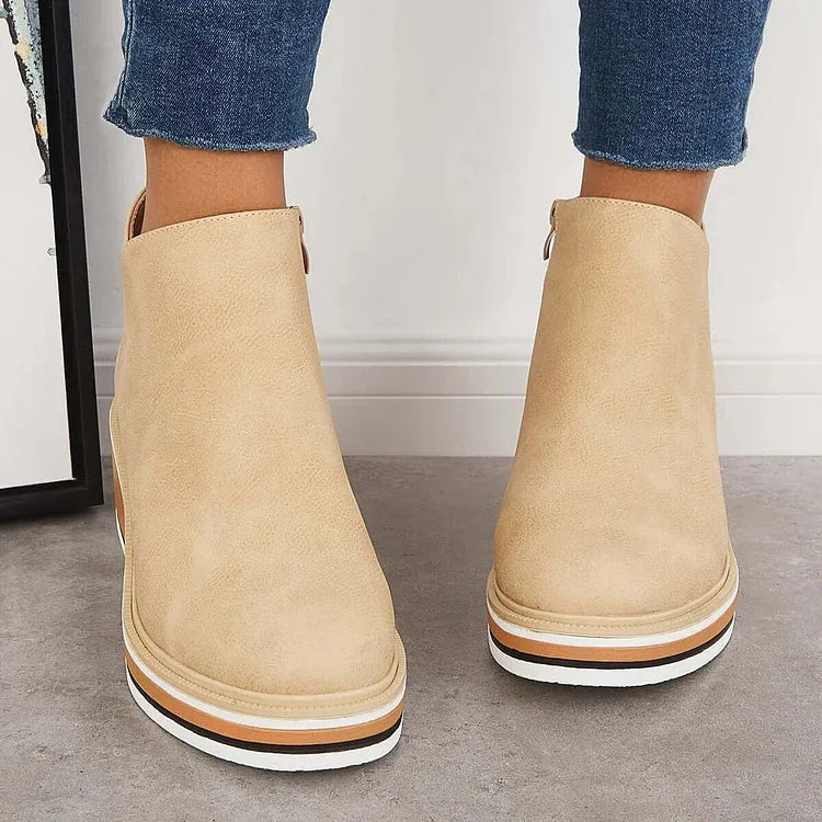 Women's Navy Faux Leather Ankle Wedge Platform Boots – Side Zipper