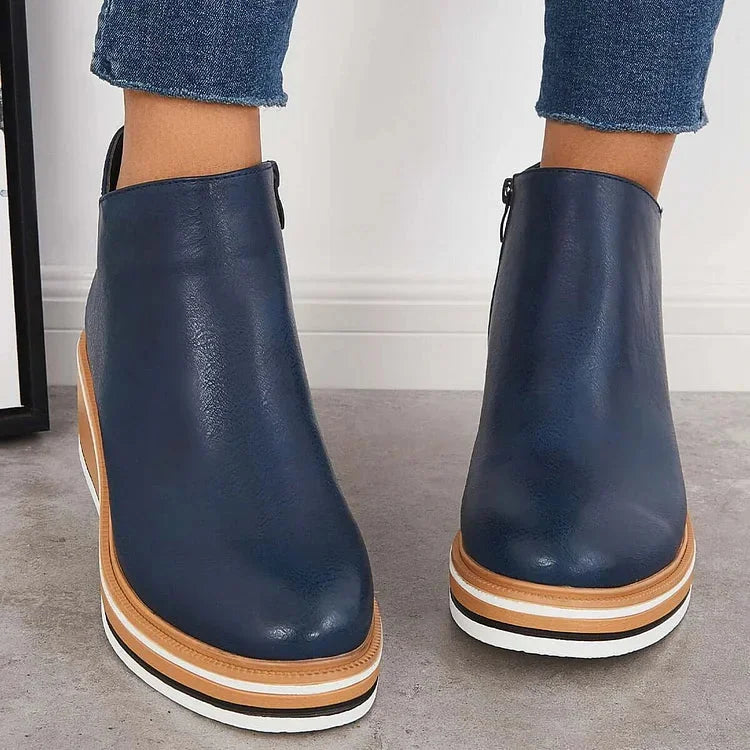 Women's Navy Faux Leather Ankle Wedge Platform Boots – Side Zipper