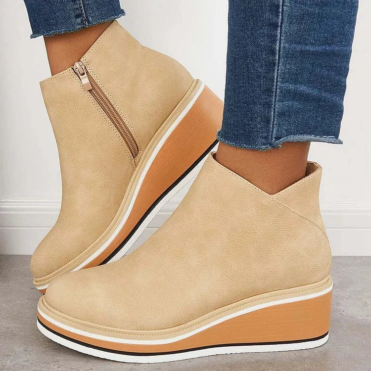 Women's Navy Faux Leather Ankle Wedge Platform Boots – Side Zipper