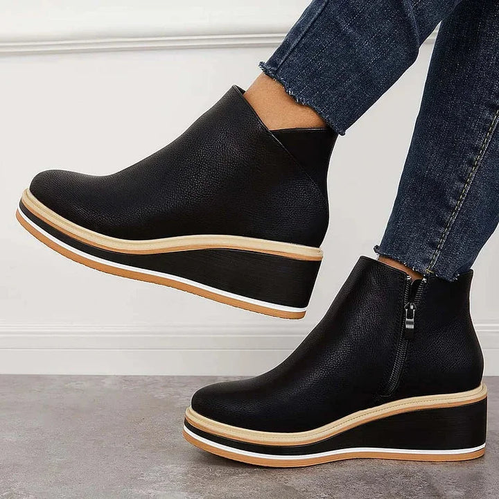 Women's Navy Faux Leather Ankle Wedge Platform Boots – Side Zipper