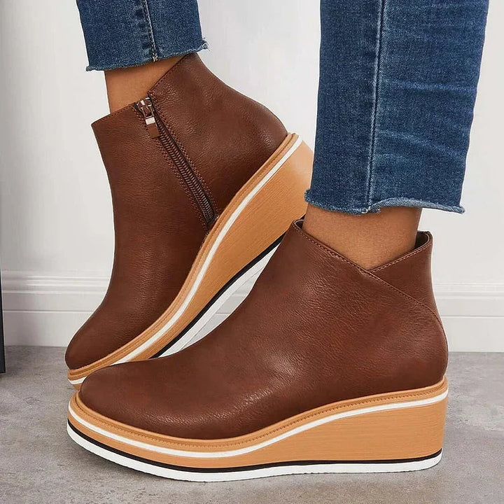 Women's Navy Faux Leather Ankle Wedge Platform Boots – Side Zipper