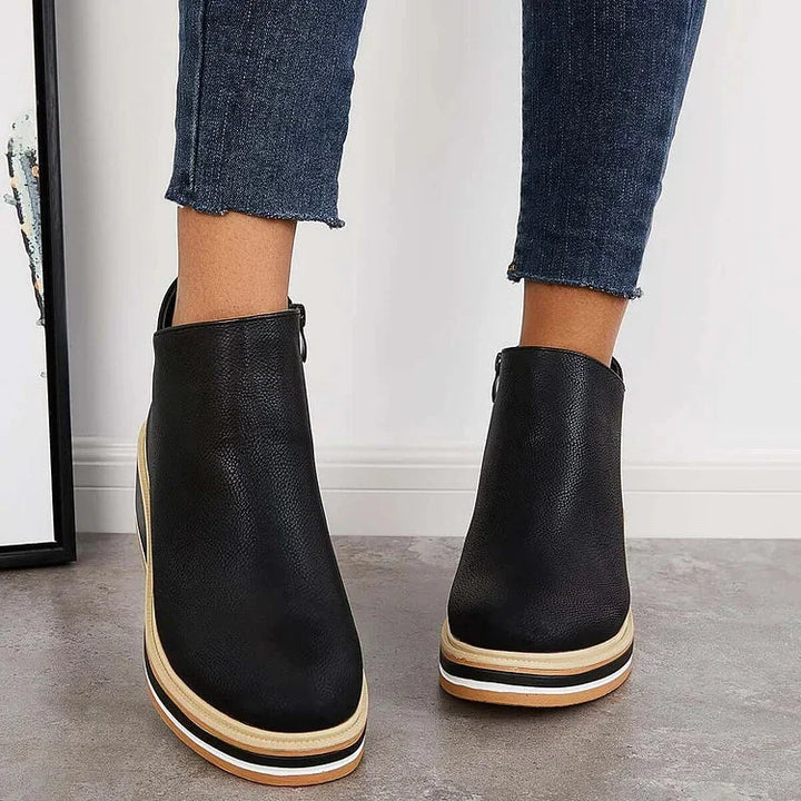 Women's Navy Faux Leather Ankle Wedge Platform Boots – Side Zipper