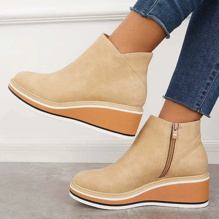 Women's Navy Faux Leather Ankle Wedge Platform Boots – Side Zipper