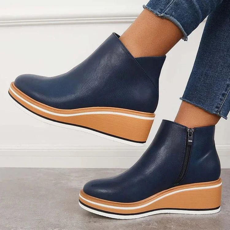 Women's Navy Faux Leather Ankle Wedge Platform Boots – Side Zipper