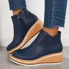 Women's Navy Faux Leather Ankle Wedge Platform Boots – Side Zipper