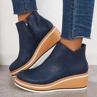 Women's Navy Faux Leather Ankle Wedge Platform Boots – Side Zipper