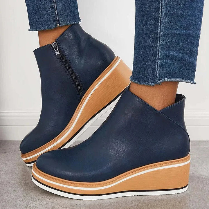 Women's Navy Faux Leather Ankle Wedge Platform Boots – Side Zipper