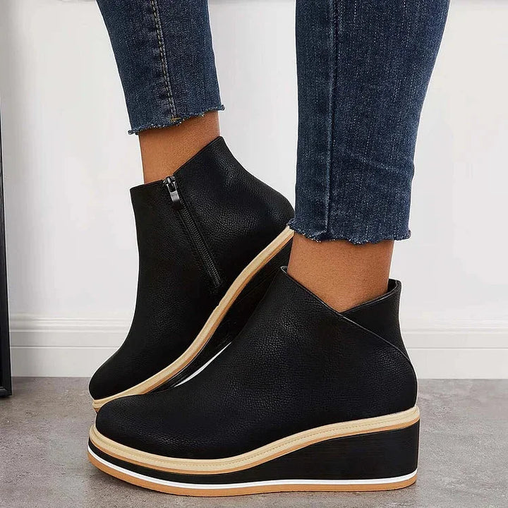 Women's Navy Faux Leather Ankle Wedge Platform Boots – Side Zipper