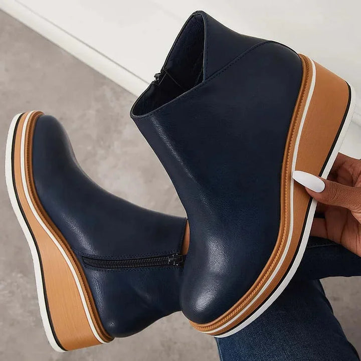 Women's Navy Faux Leather Ankle Wedge Platform Boots – Side Zipper