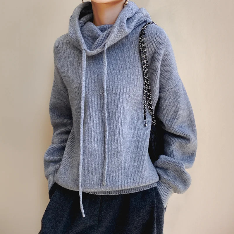 Women's Olive Knit Hoodie – Drawstring Cowl-Neck And Dropped-Shoulder