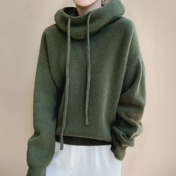 Women's Olive Knit Hoodie – Drawstring Cowl-Neck And Dropped-Shoulder