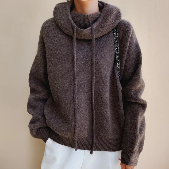 Women's Olive Knit Hoodie – Drawstring Cowl-Neck And Dropped-Shoulder
