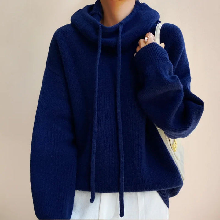 Women's Olive Knit Hoodie – Drawstring Cowl-Neck And Dropped-Shoulder