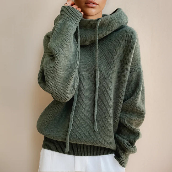 Women's Olive Knit Hoodie – Drawstring Cowl-Neck And Dropped-Shoulder