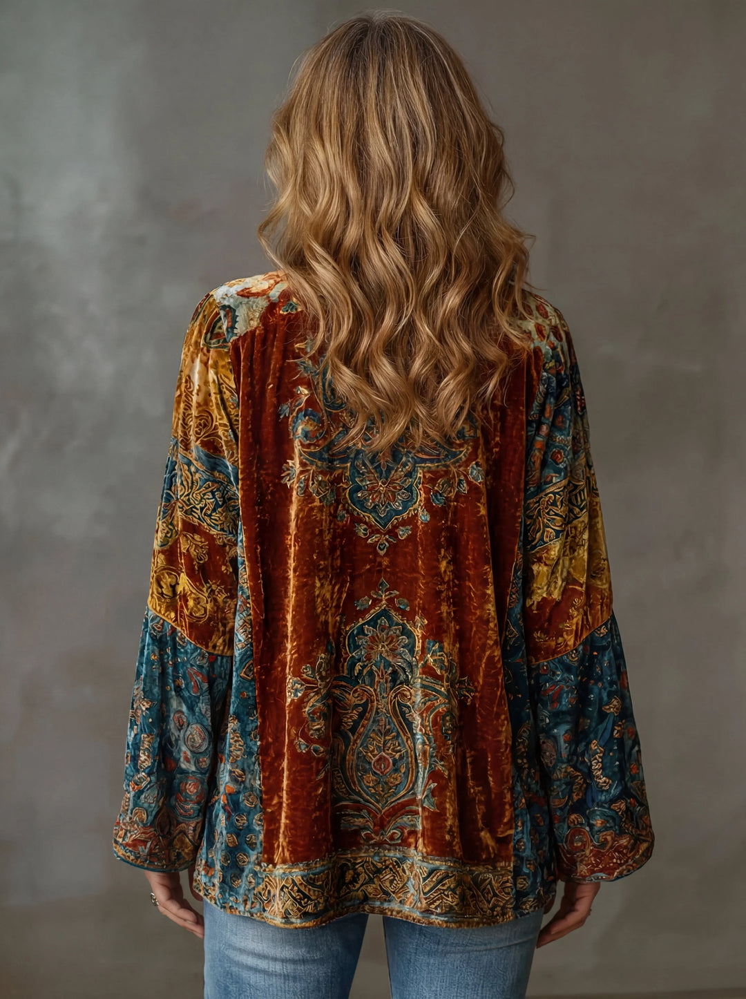 Women's Ornate Velvet Boho Kimono Denim Jacket – Wide Bell Sleeves