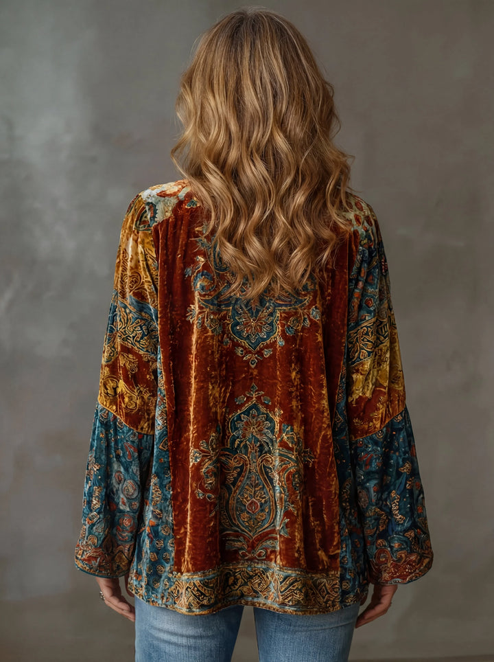 Women's Ornate Velvet Boho Kimono Denim Jacket – Wide Bell Sleeves