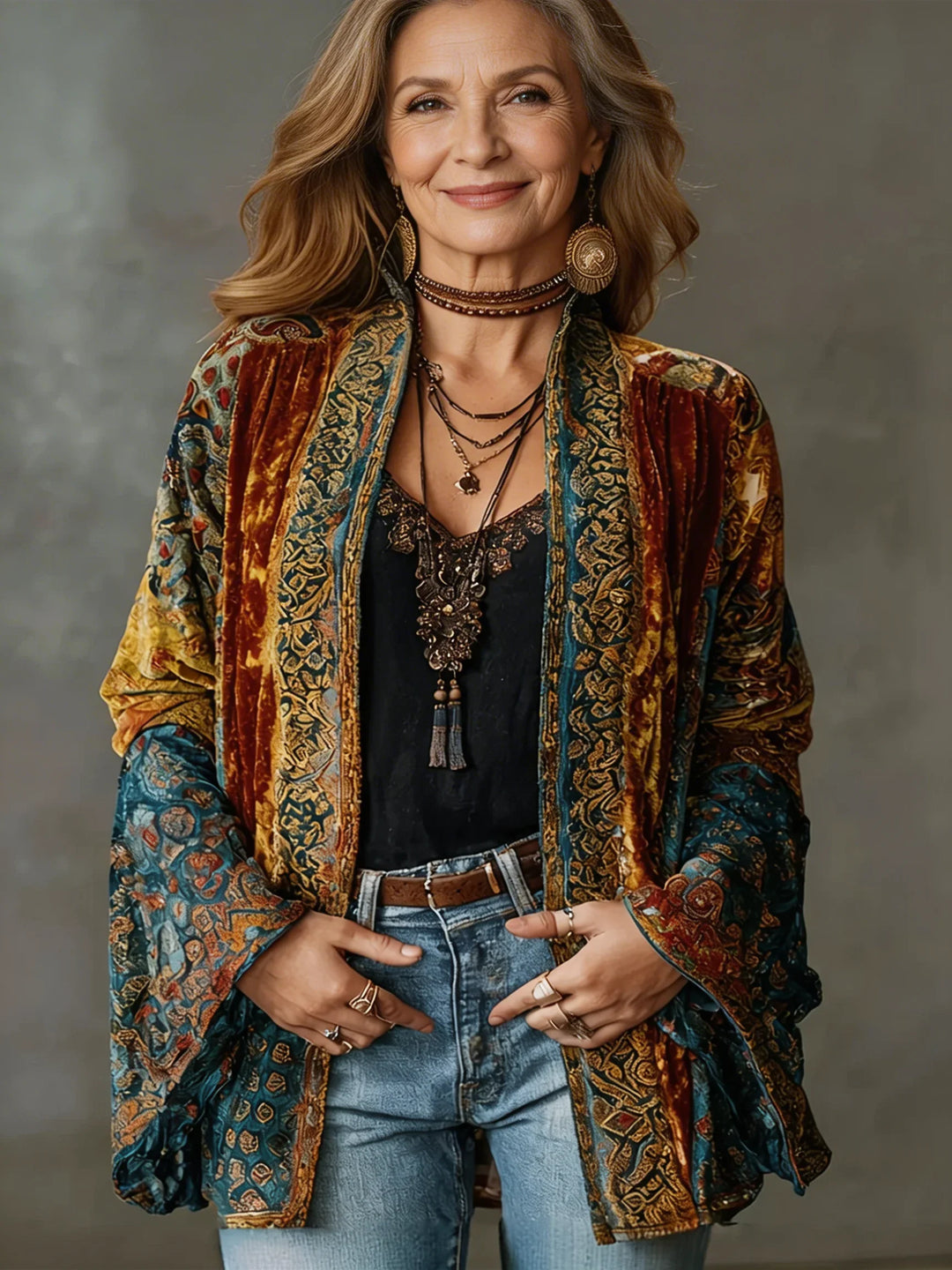 Women's Ornate Velvet Boho Kimono Denim Jacket – Wide Bell Sleeves