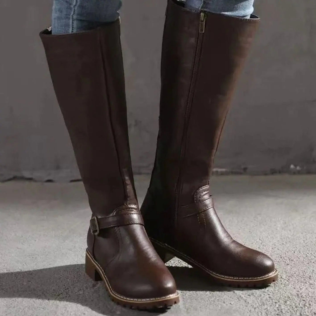 Women's Shoes – Knee-High Buckle Block Heel