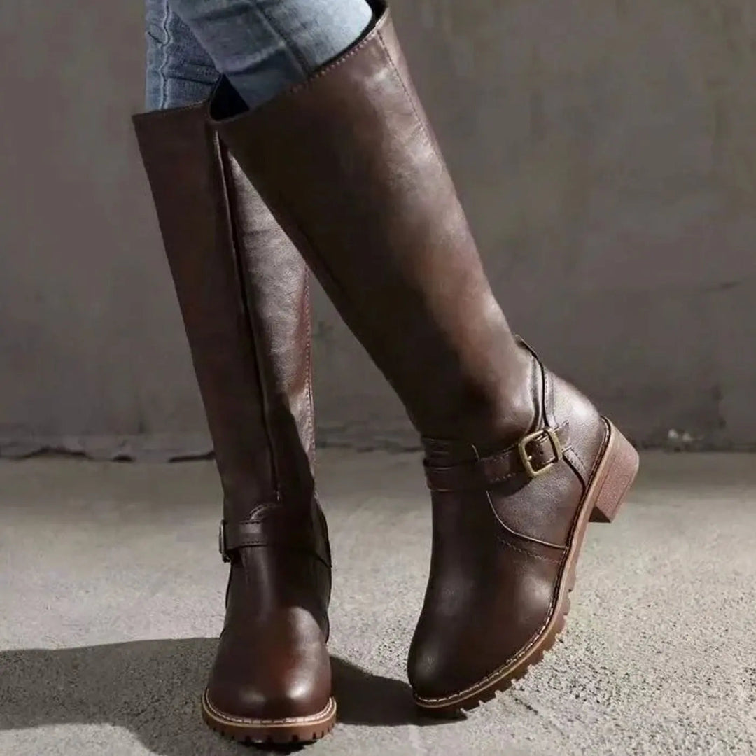 Women's Shoes – Knee-High Buckle Block Heel