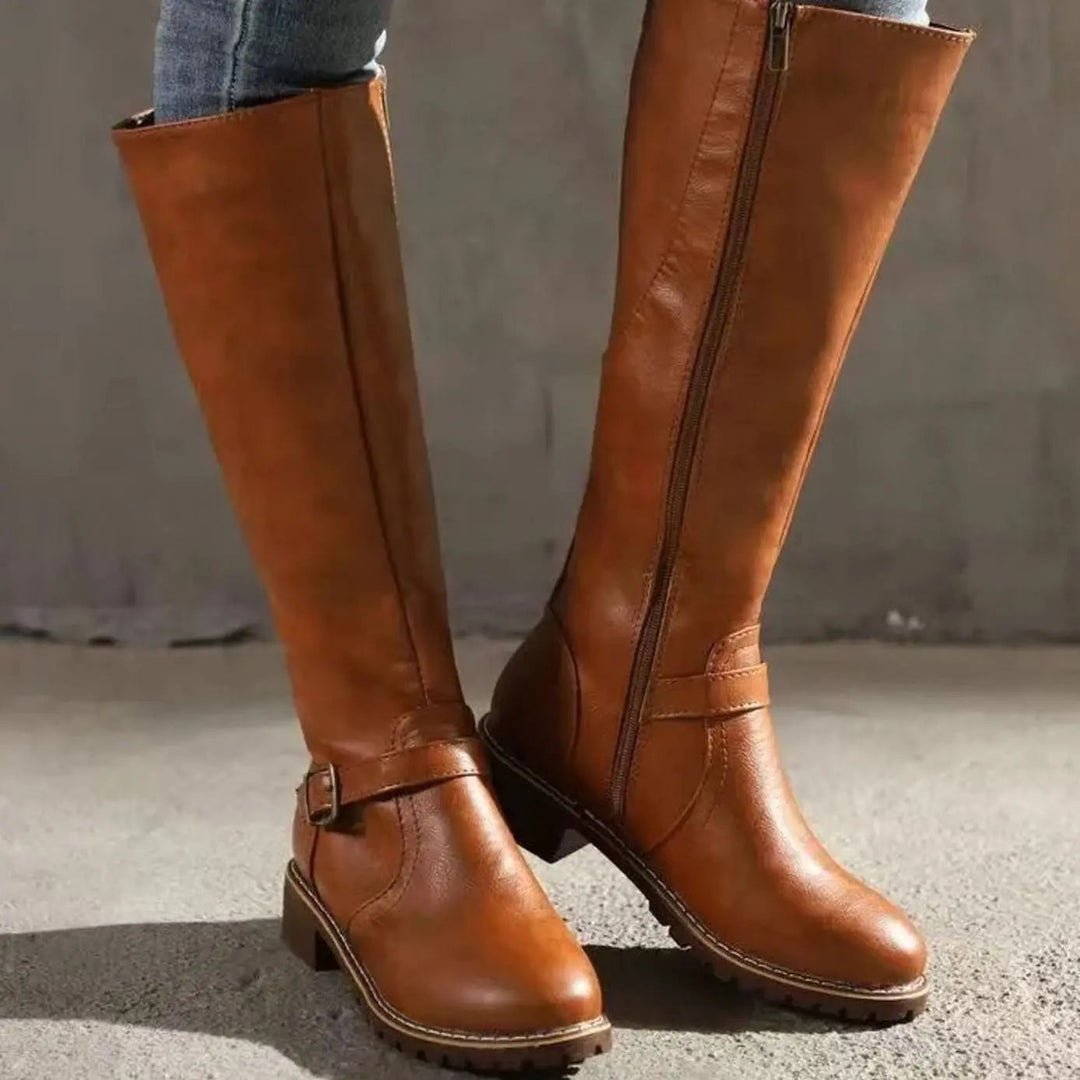 Women's Shoes – Knee-High Buckle Block Heel