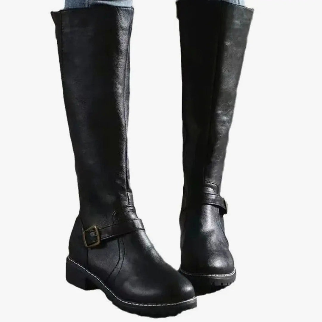Women's Shoes – Knee-High Buckle Block Heel