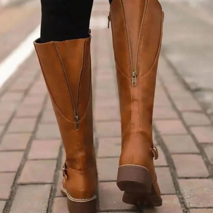 Women's Shoes – Knee-High Buckle Block Heel
