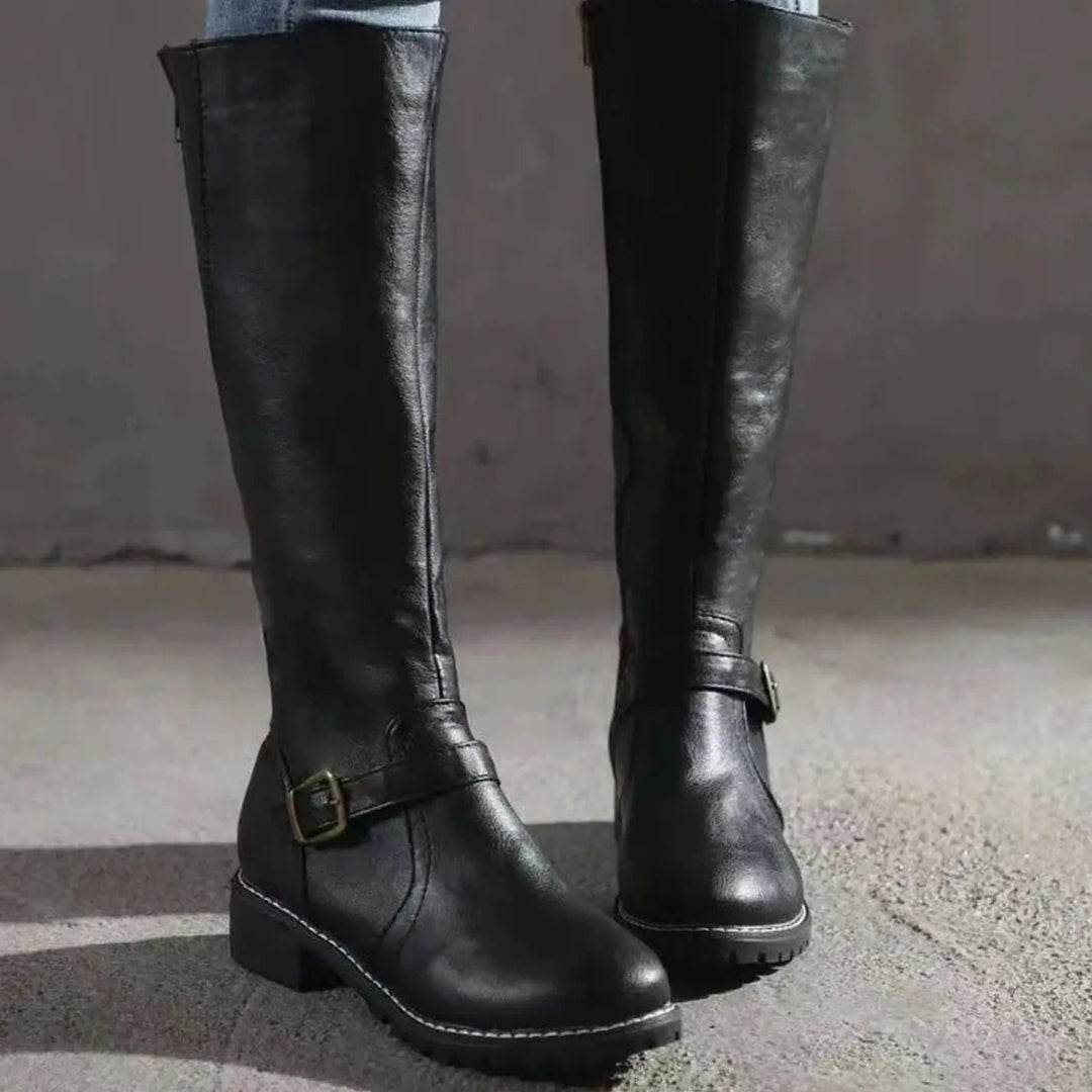 Women's Shoes – Knee-High Buckle Block Heel