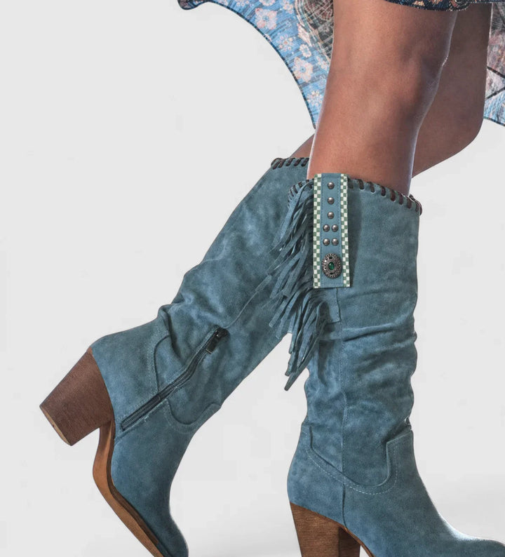 Women's Comfort Suede Knee-High Western Boots – Fringe And Block Heel