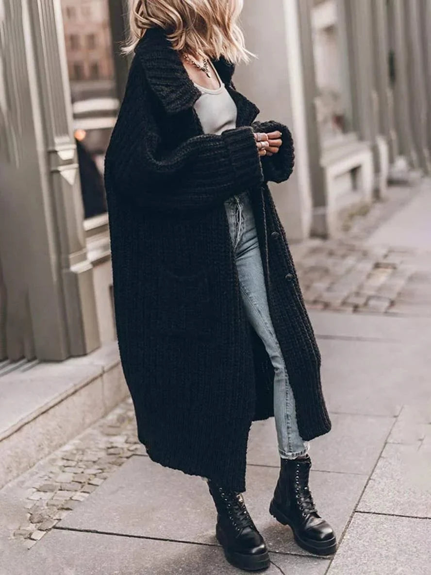 Women's Oversized Chunky Rib-Knit Longline Lapel Cardigan