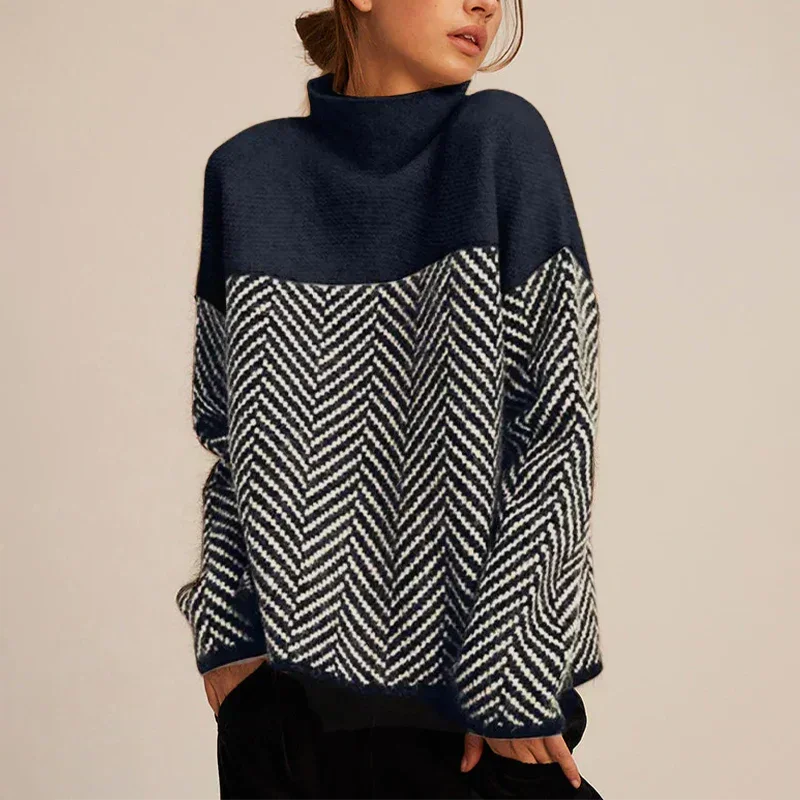 Women's Oversized Color-Block Knit Sweater – Turtleneck And Chevron Pattern