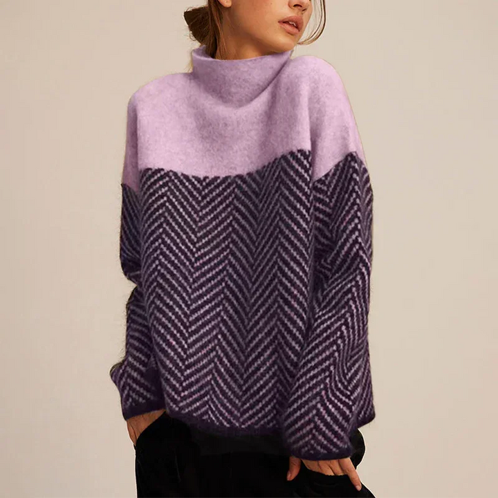 Women's Oversized Color-Block Knit Sweater – Turtleneck And Chevron Pattern