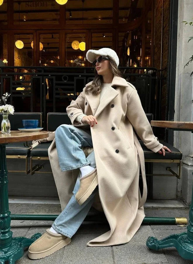 Women's Oversized Double-Breasted Wool Coat – Wide Lapel Design