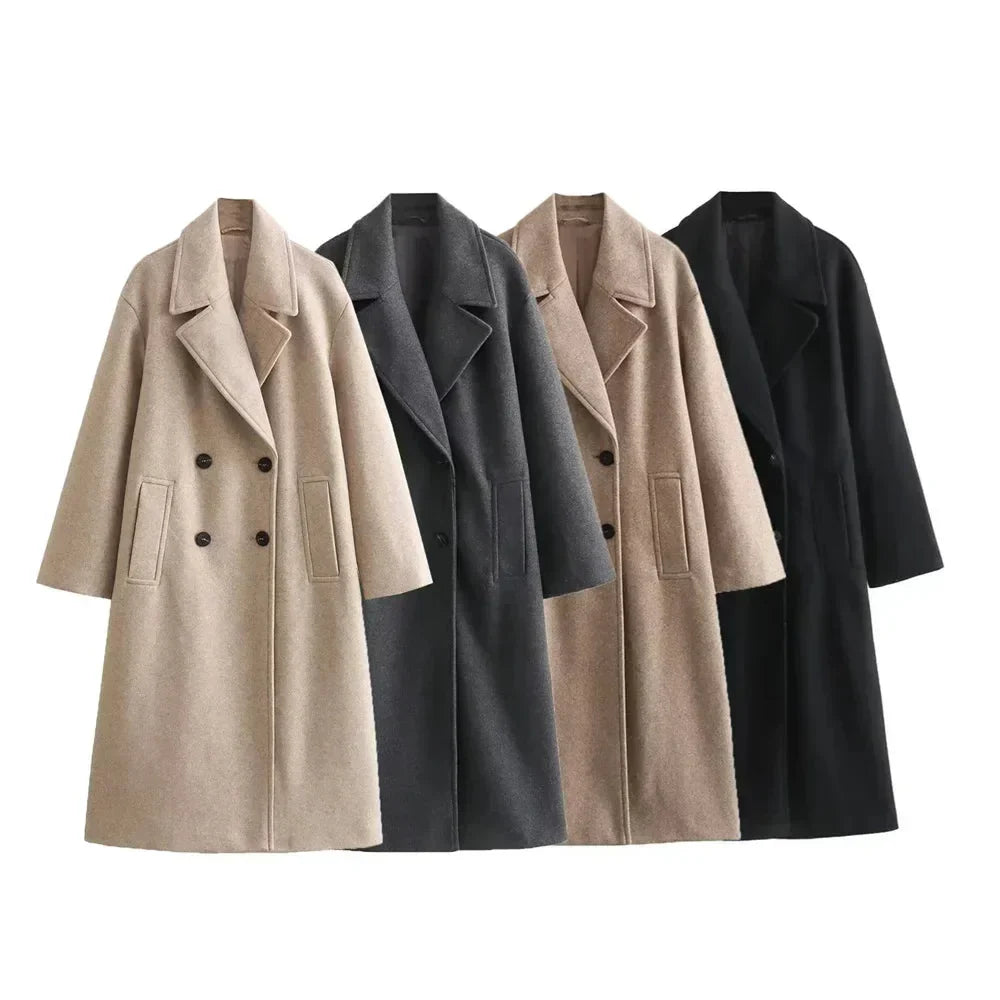 Women's Oversized Double-Breasted Wool Coat – Wide Lapel Design