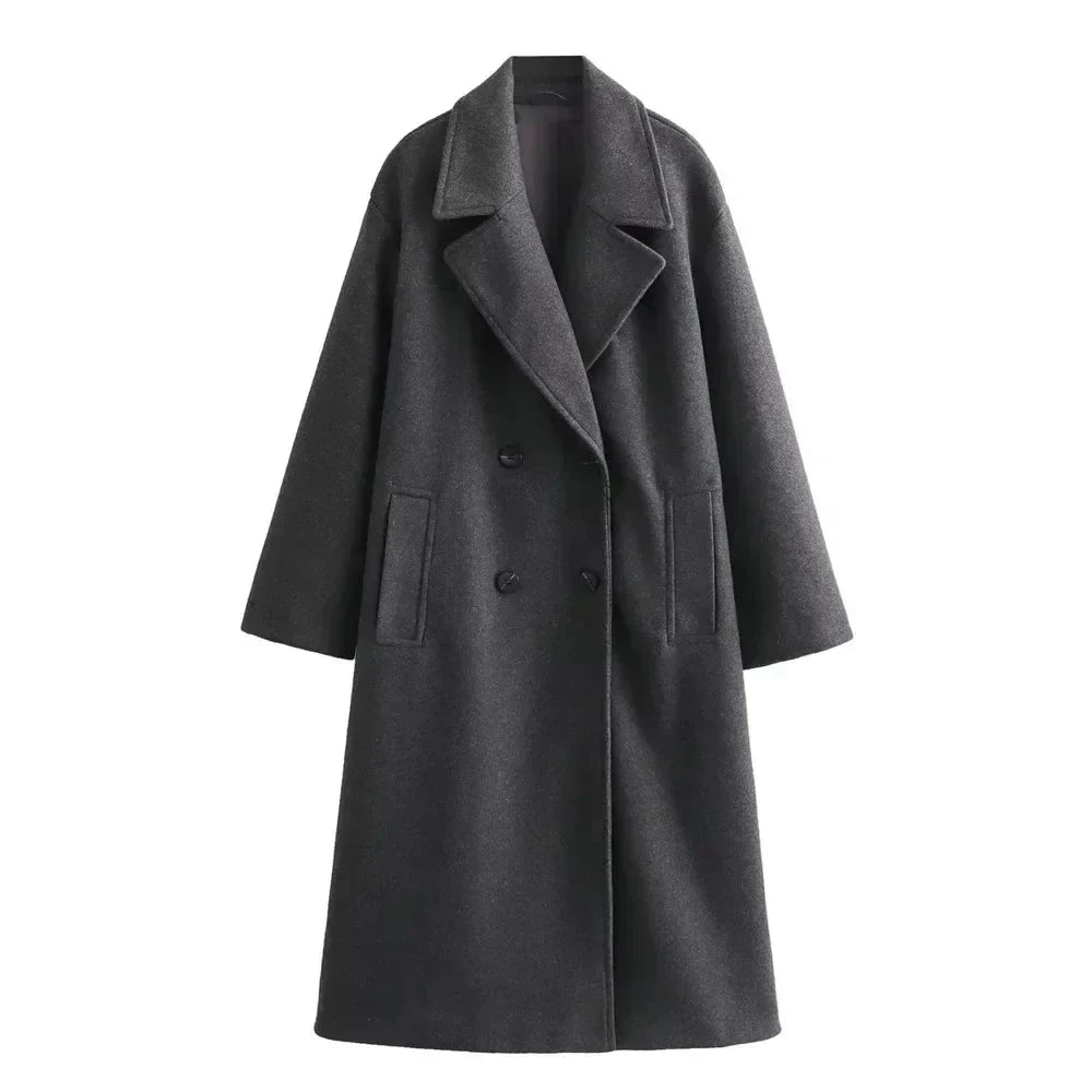 Women's Oversized Double-Breasted Wool Coat – Wide Lapel Design