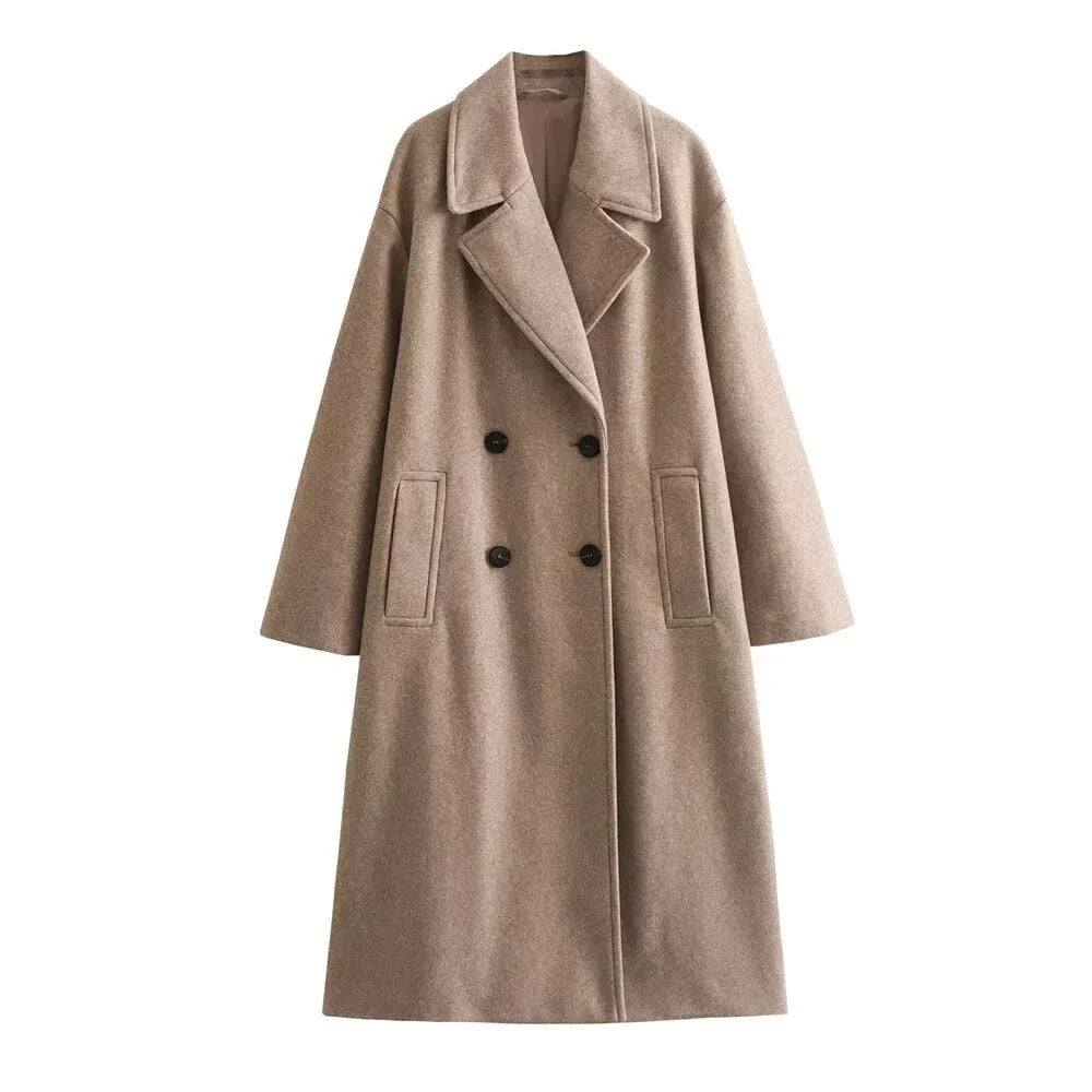 Women's Oversized Double-Breasted Wool Coat – Wide Lapel Design