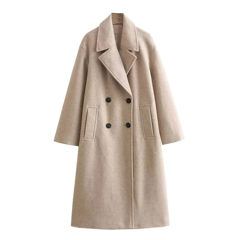 Women's Oversized Double-Breasted Wool Coat – Wide Lapel Design