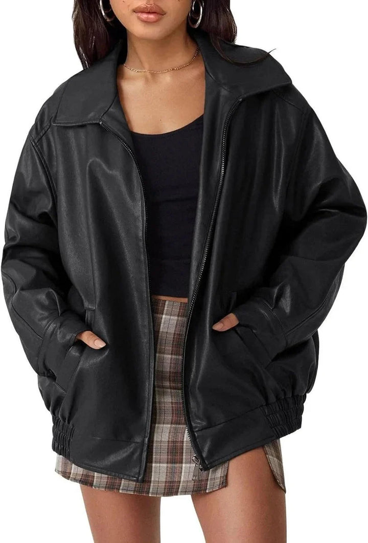 Women's Oversized Faux Leather Bomber Jacket Zip-Up