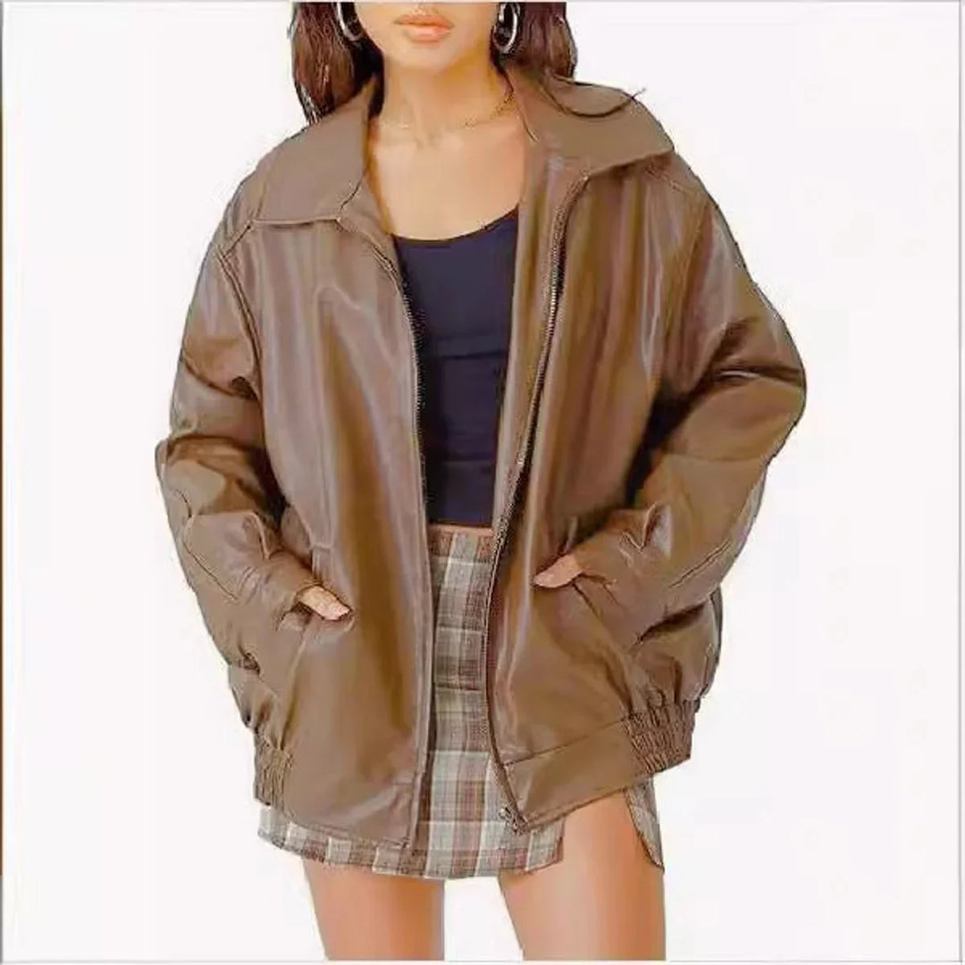 Women's Oversized Faux Leather Bomber Jacket Zip-Up
