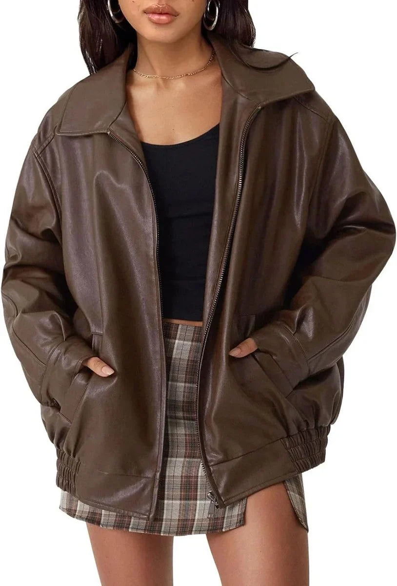 Women's Oversized Faux Leather Bomber Jacket Zip-Up