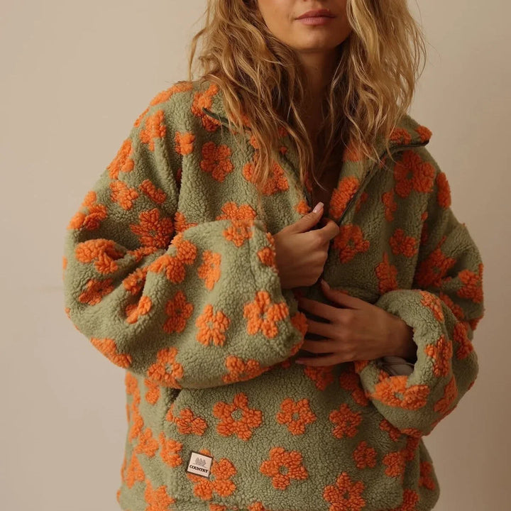 Women's Oversized Floral Sherpa Fleece Half-Zip Pullover Sweater