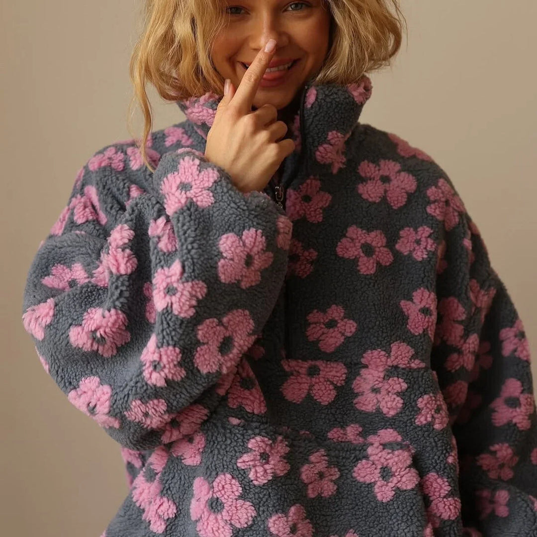 Women's Oversized Floral Sherpa Fleece Half-Zip Pullover Sweater