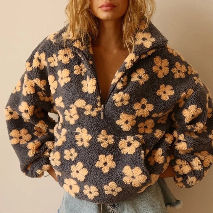 Women's Oversized Floral Sherpa Fleece Half-Zip Pullover Sweater