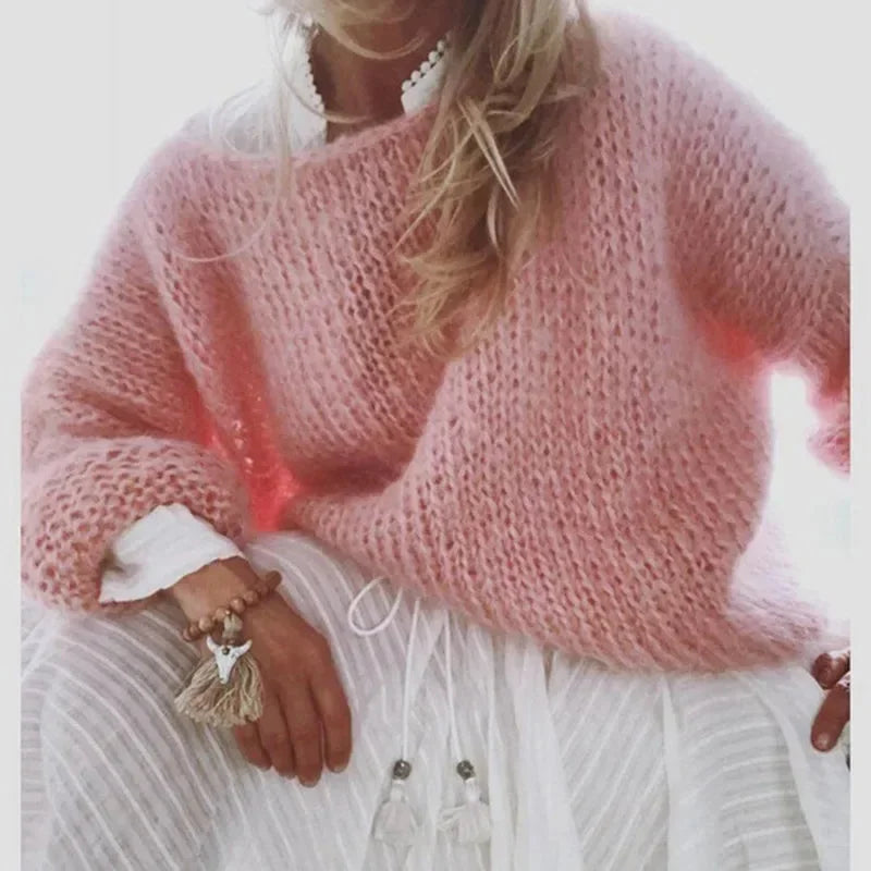 Women's Oversized Fuzzy Knit Sweater – Boat Neck Long Sleeves