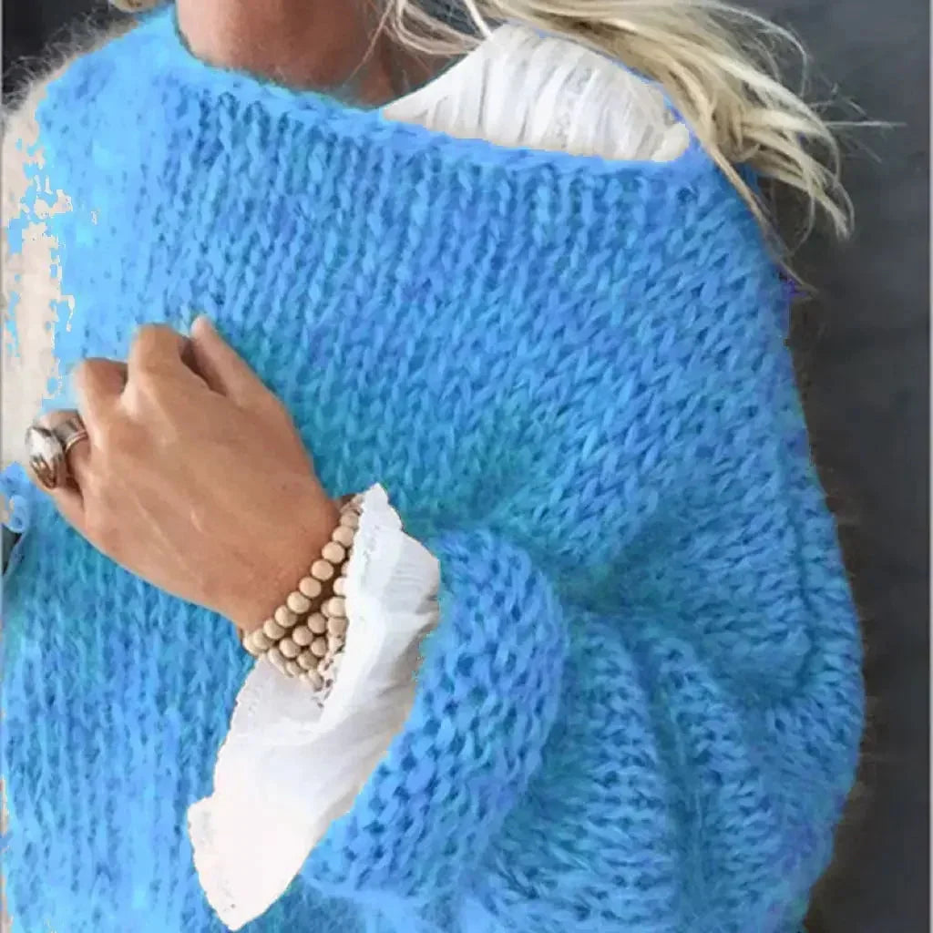 Women's Oversized Fuzzy Knit Sweater – Boat Neck Long Sleeves