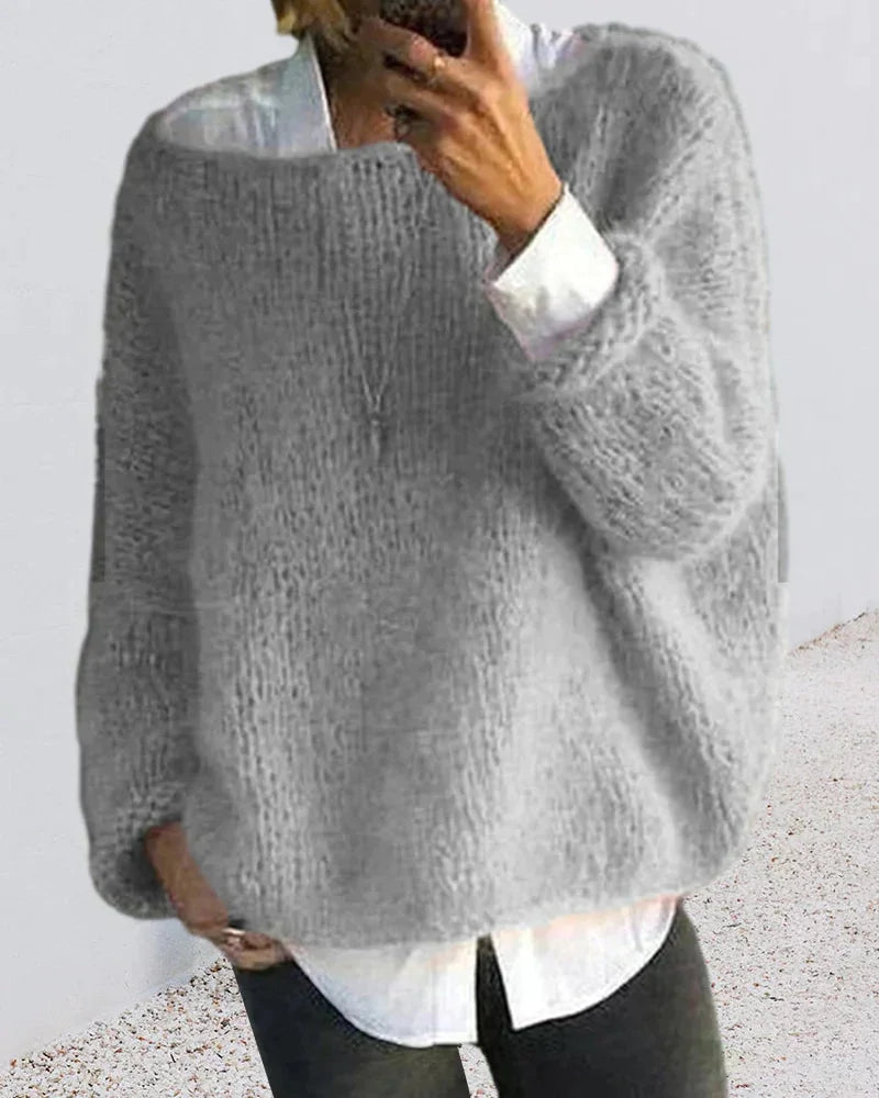 Women's Oversized Fuzzy Knit Sweater – Boat Neck Long Sleeves
