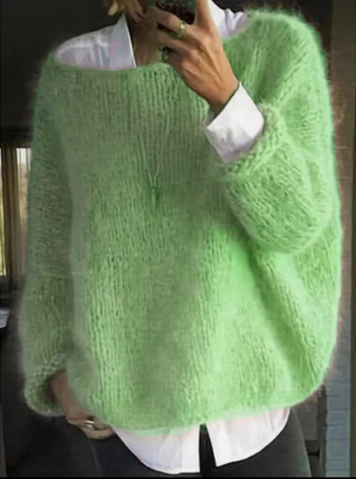 Women's Oversized Fuzzy Knit Sweater – Boat Neck Long Sleeves