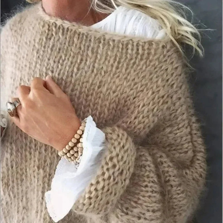 Women's Oversized Fuzzy Knit Sweater – Boat Neck Long Sleeves