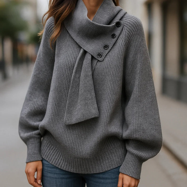 Women's Oversized Knit Sweater – Button-Detail Scarf-Neck