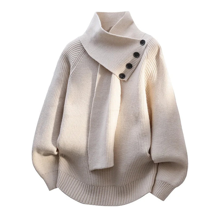 Women's Oversized Knit Sweater – Button-Detail Scarf-Neck