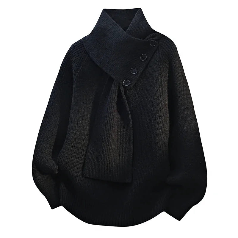 Women's Oversized Knit Sweater – Button-Detail Scarf-Neck